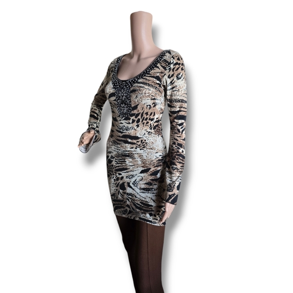 HEARTBEAT Women's Multicolored Animal Print Rhinestone Embellishment Tunic Dress - Picture 9 of 16